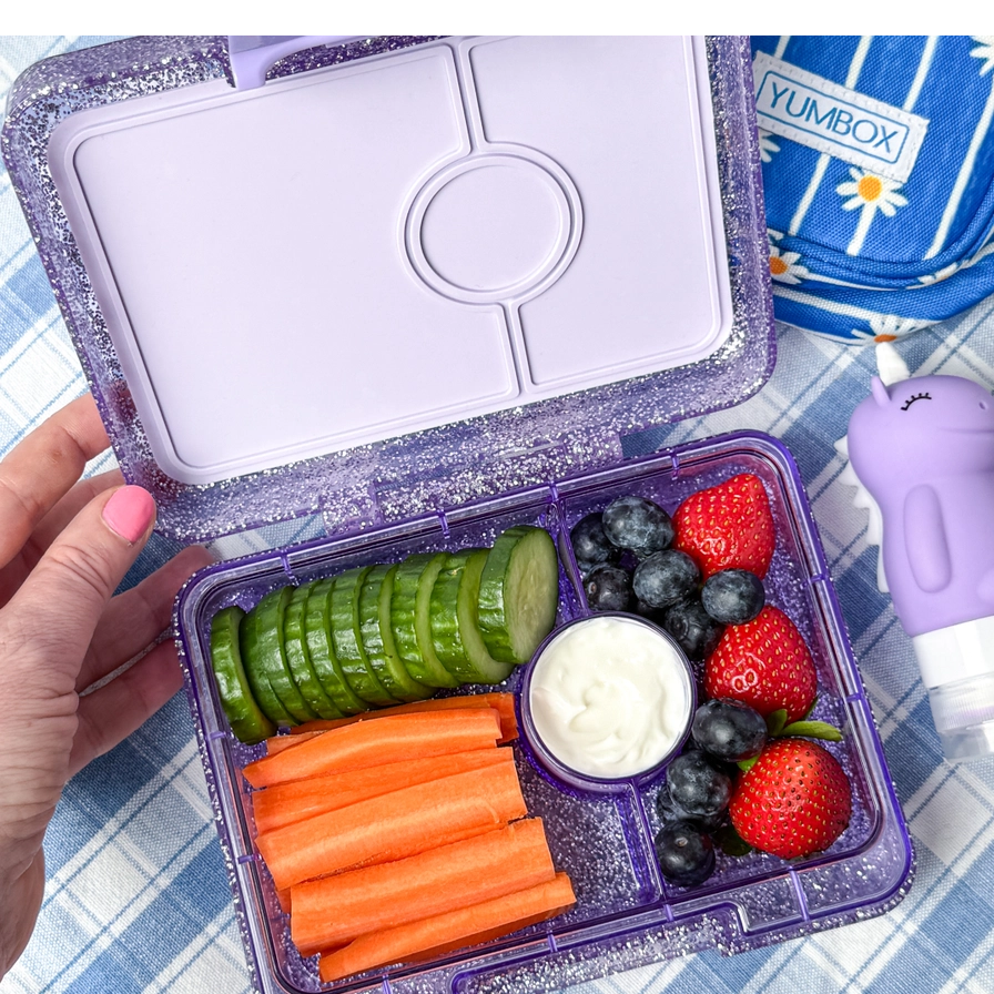 Yumbox Snack - Madkasse med 3 rum - Glitter Princess purple - Clear purple bakke