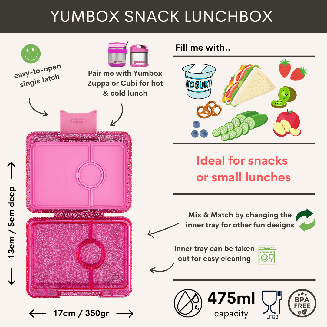 Yumbox Snack - Madkasse med 3 rum - Sparkle pink - Clear pink bakke