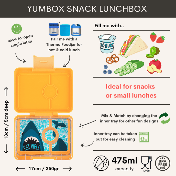 Yumbox Snack - Madkasse med 3 rum - Yoyo yellow - Shark bakke