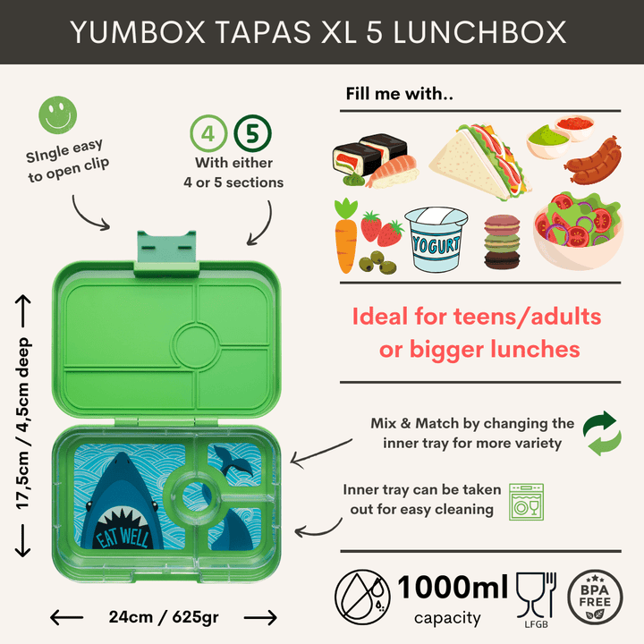 Yumbox Tapas xl - Madkasse med 4 rum - Jurassic green - Shark bakke