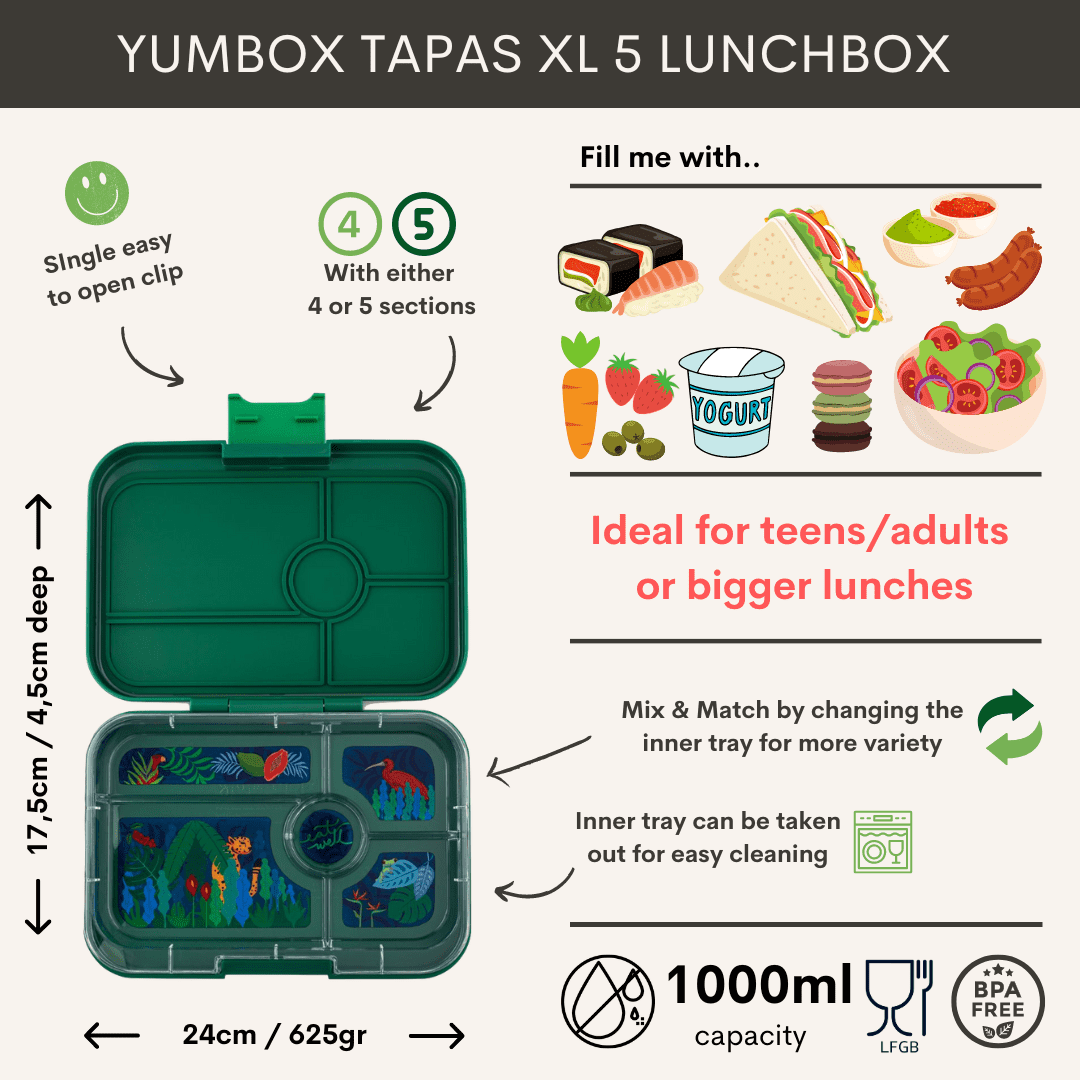 Yumbox Tapas xl - Madkasse med 5 rum - Greenwich green - Jungle bakke